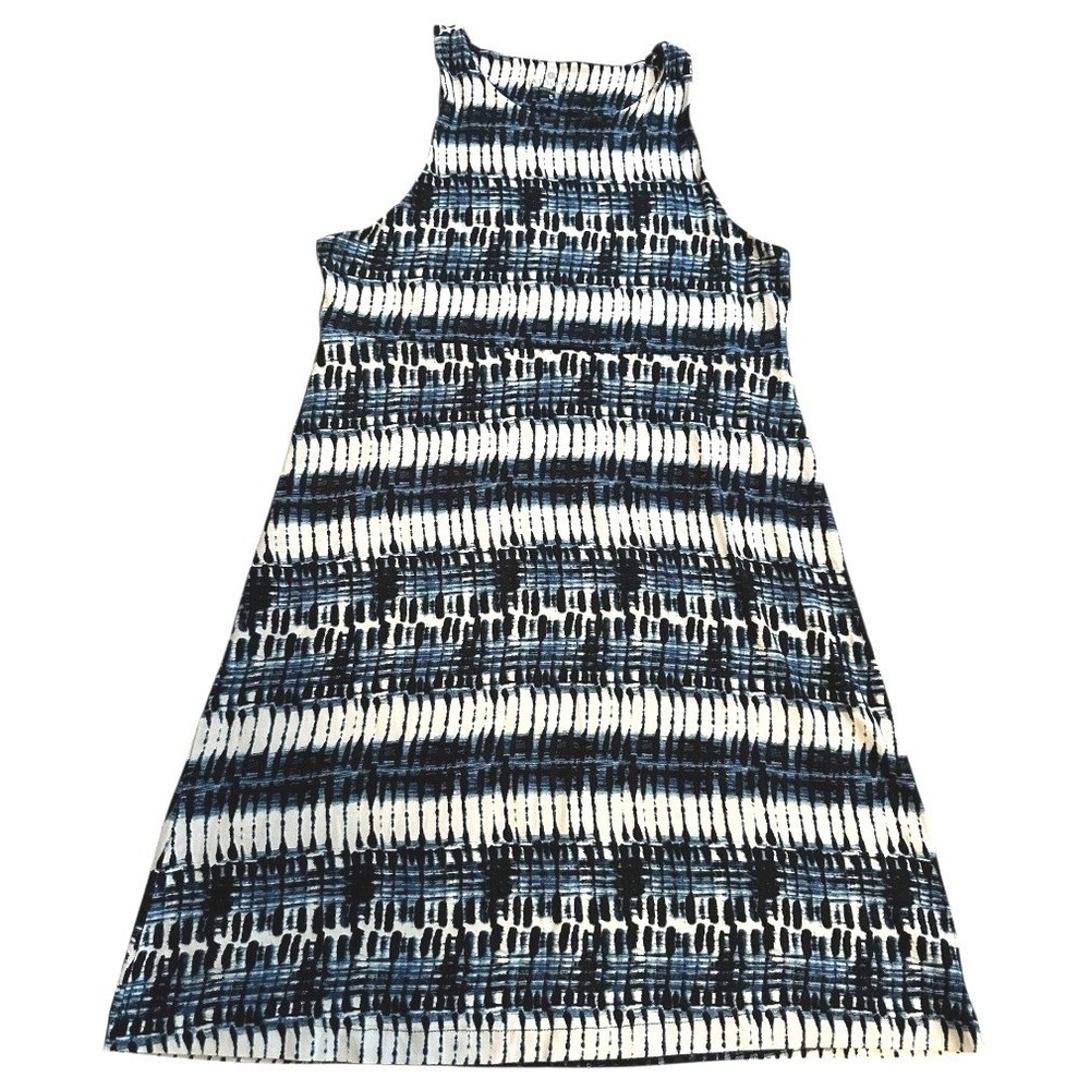 Athleta Womens Shift Dress Blue White Abstract Stripe Sleeveless Beach Boho S